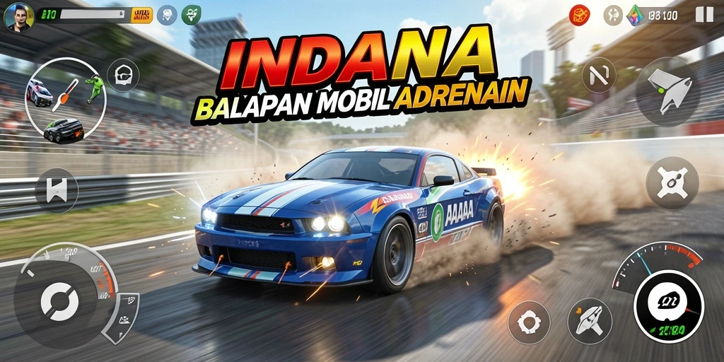 Gameplay balapan intens dalam INDAAA dengan mobil yang melaju cepat.